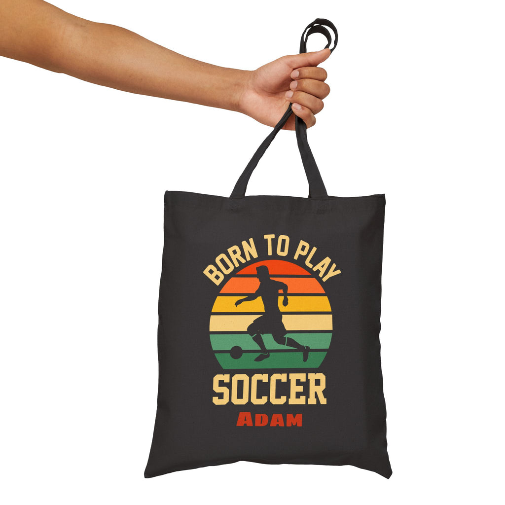 Personalized soccer canvas tote bag styled in a home setting