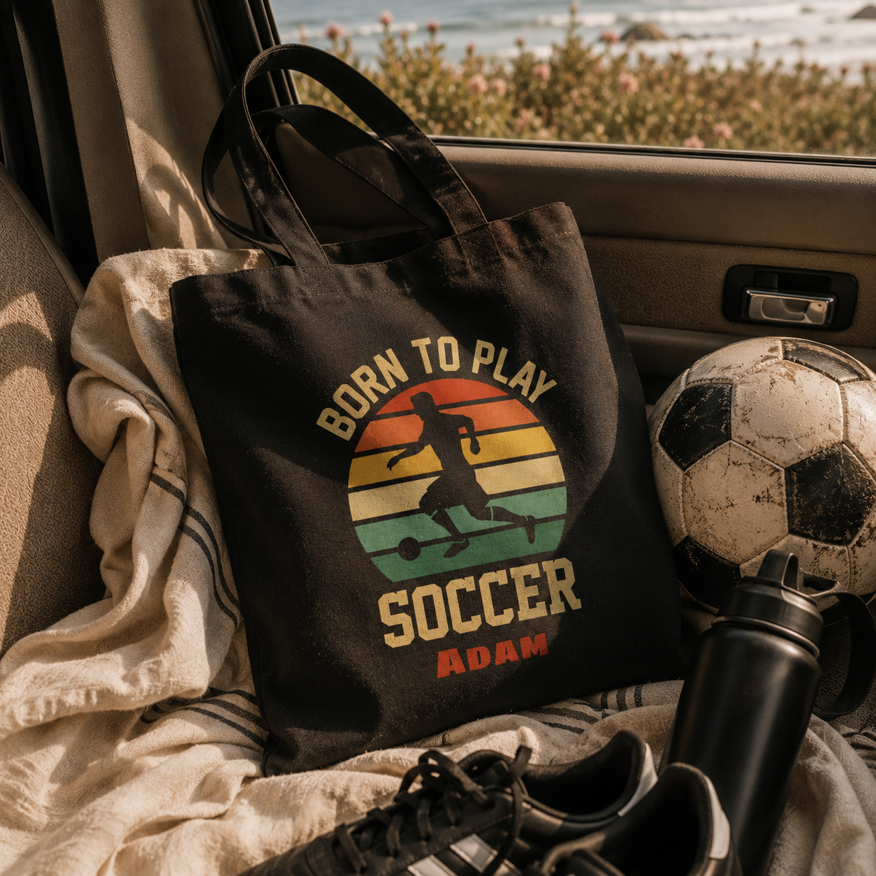 Personalized soccer tote bag shown worn on shoulder, lifestyle photo