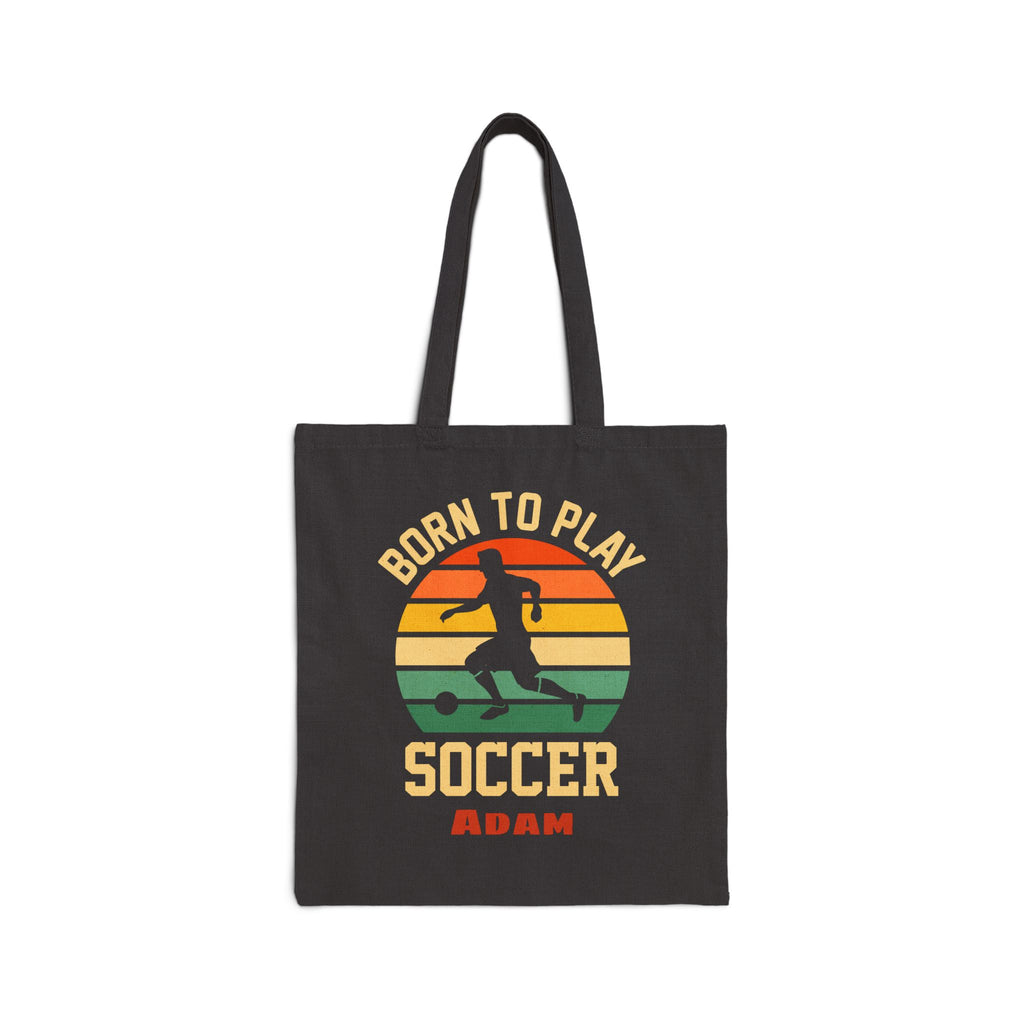 Personalized soccer canvas tote bag with custom name, born to play soccer design