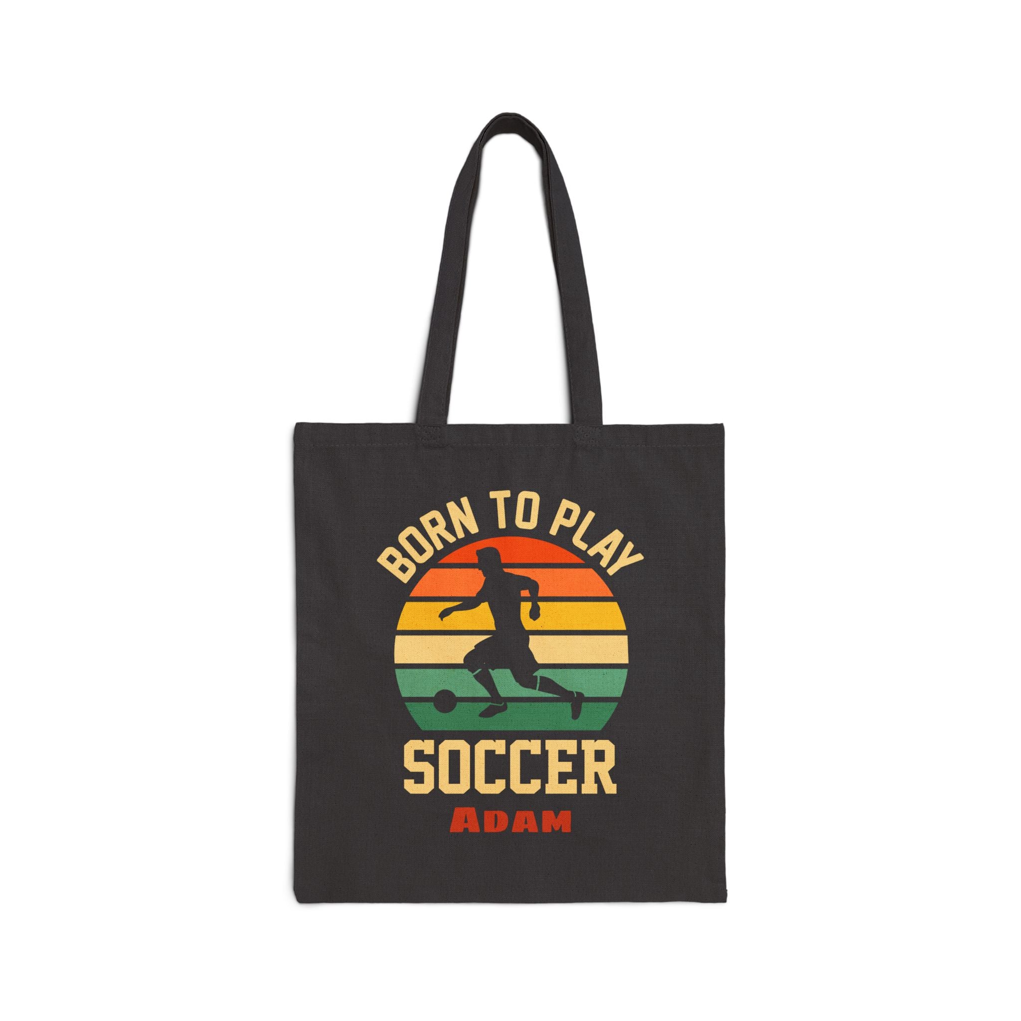 Personalized soccer canvas tote bag with custom name, born to play soccer design