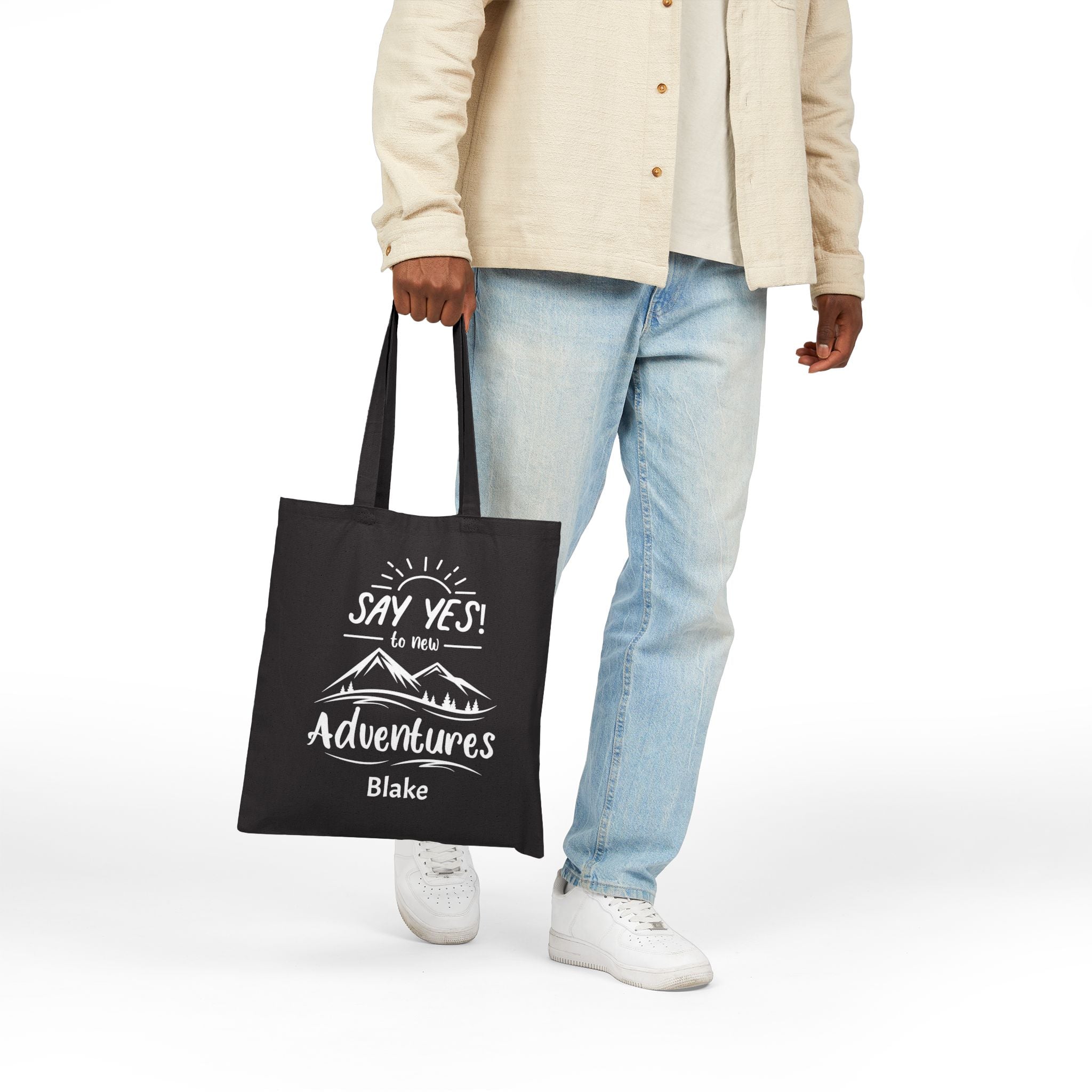 Personalized say yes to new adventures canvas tote bag styled in a home setting
