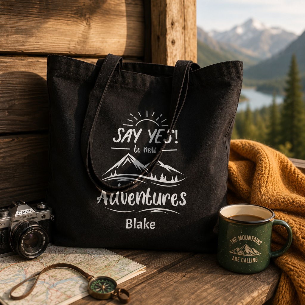 Personalized say yes to new adventures tote bag shown worn on shoulder, lifestyle photo