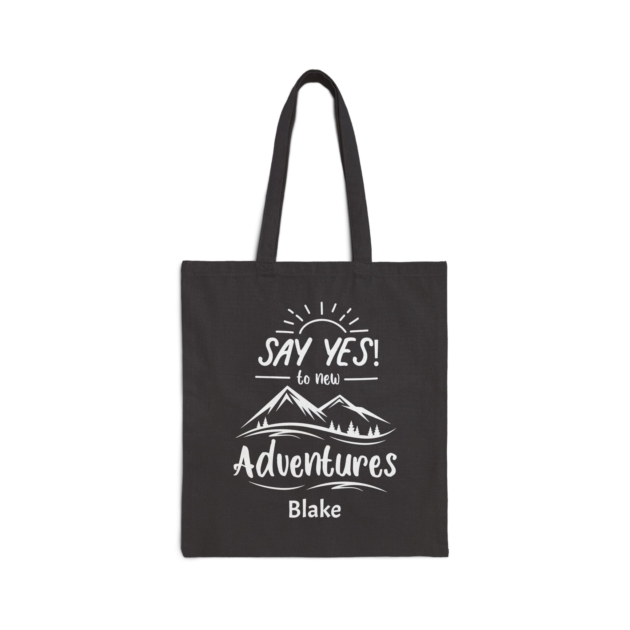 Personalized adventure canvas tote bag with custom name, say yes to new adventures mountain design