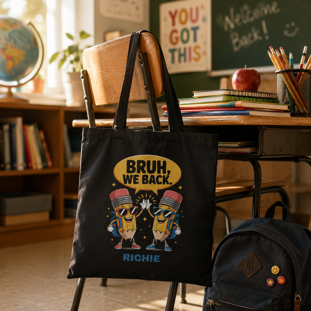Close-up of pencil characters print and custom name on canvas tote bag