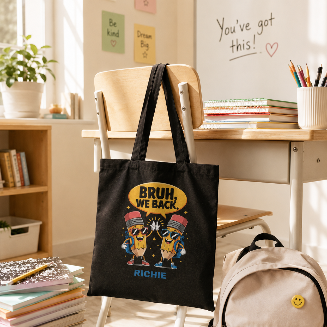 Personalized Bruh We Back tote bag shown worn on shoulder, lifestyle photo