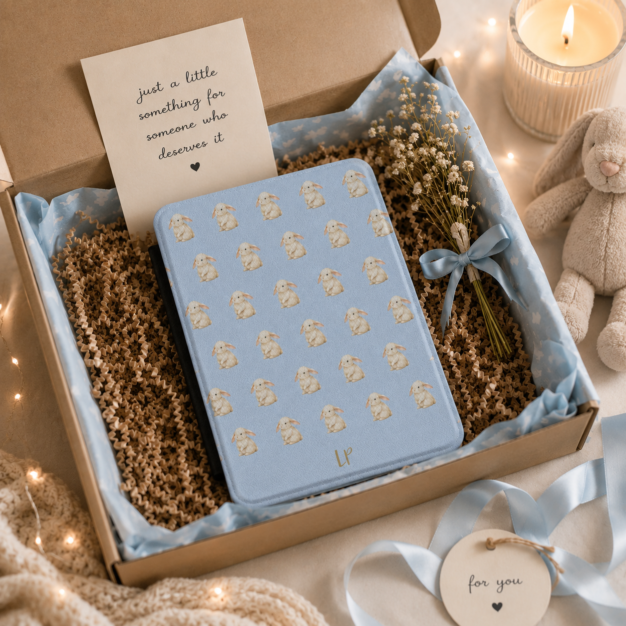 Personalized bunny kindle case styled as a wrapped gift