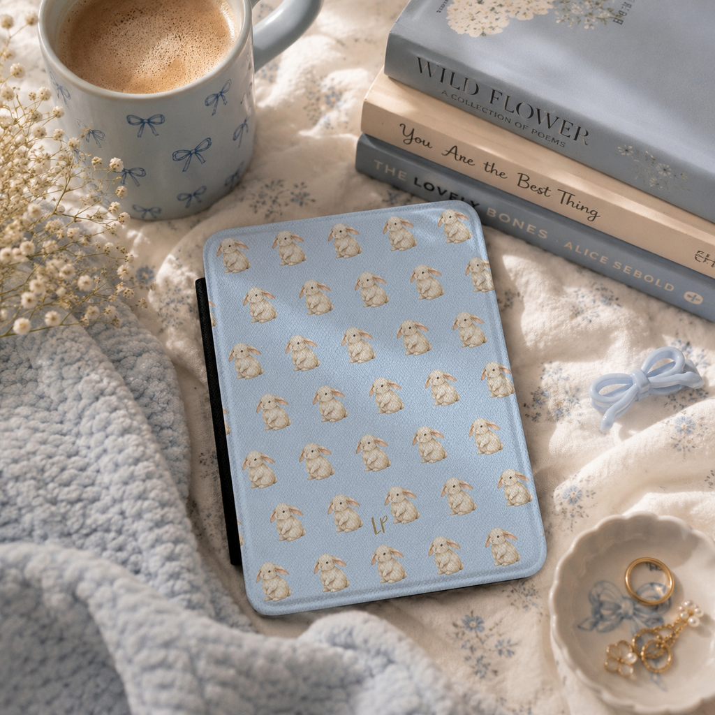 Personalized bunny kindle case shown in a lifestyle setting