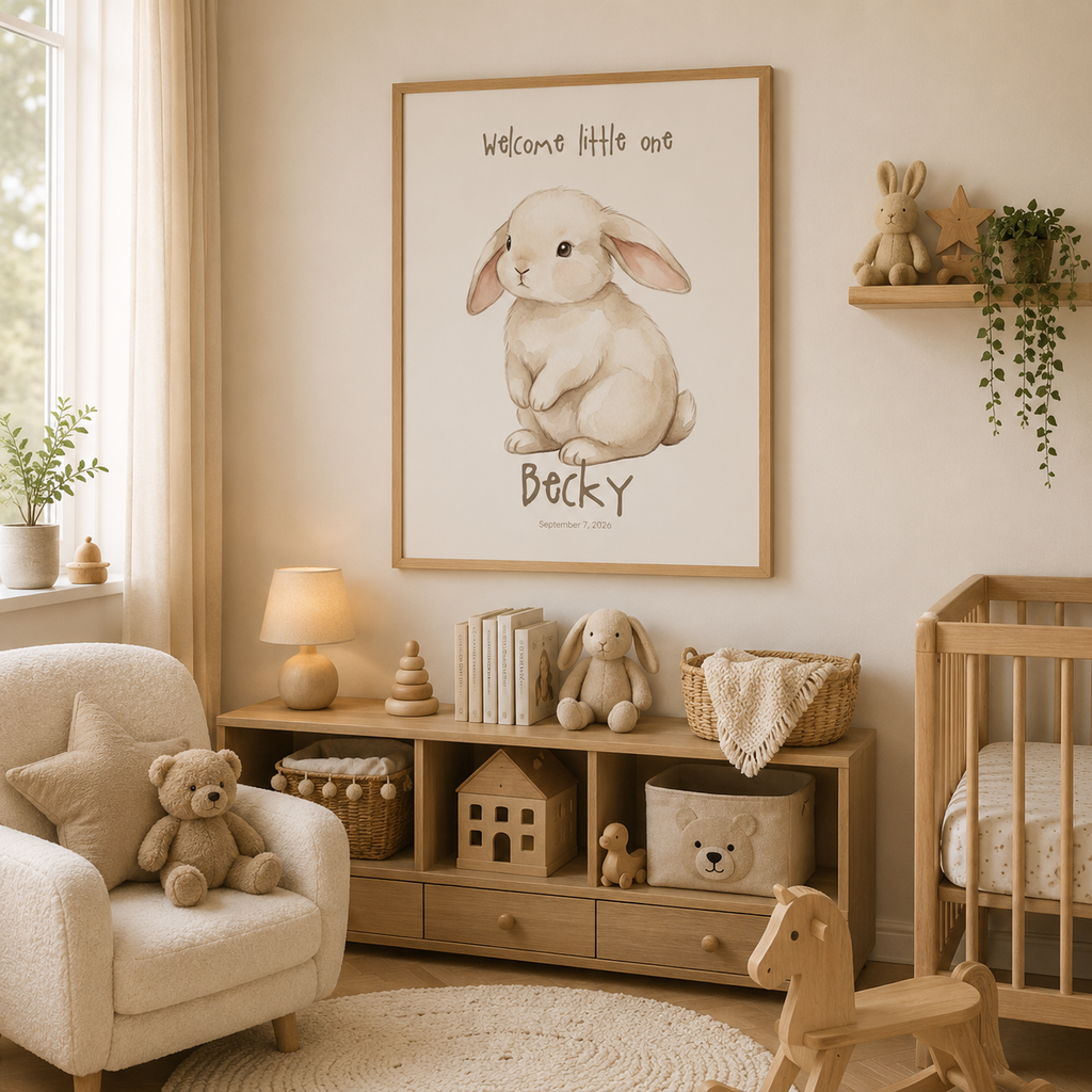 Close-up of bunny nursery poster showing personalized name and birth date