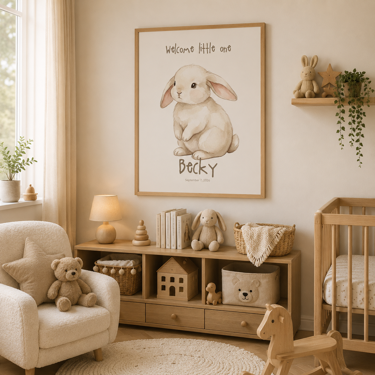 Close-up of bunny nursery poster showing personalized name and birth date