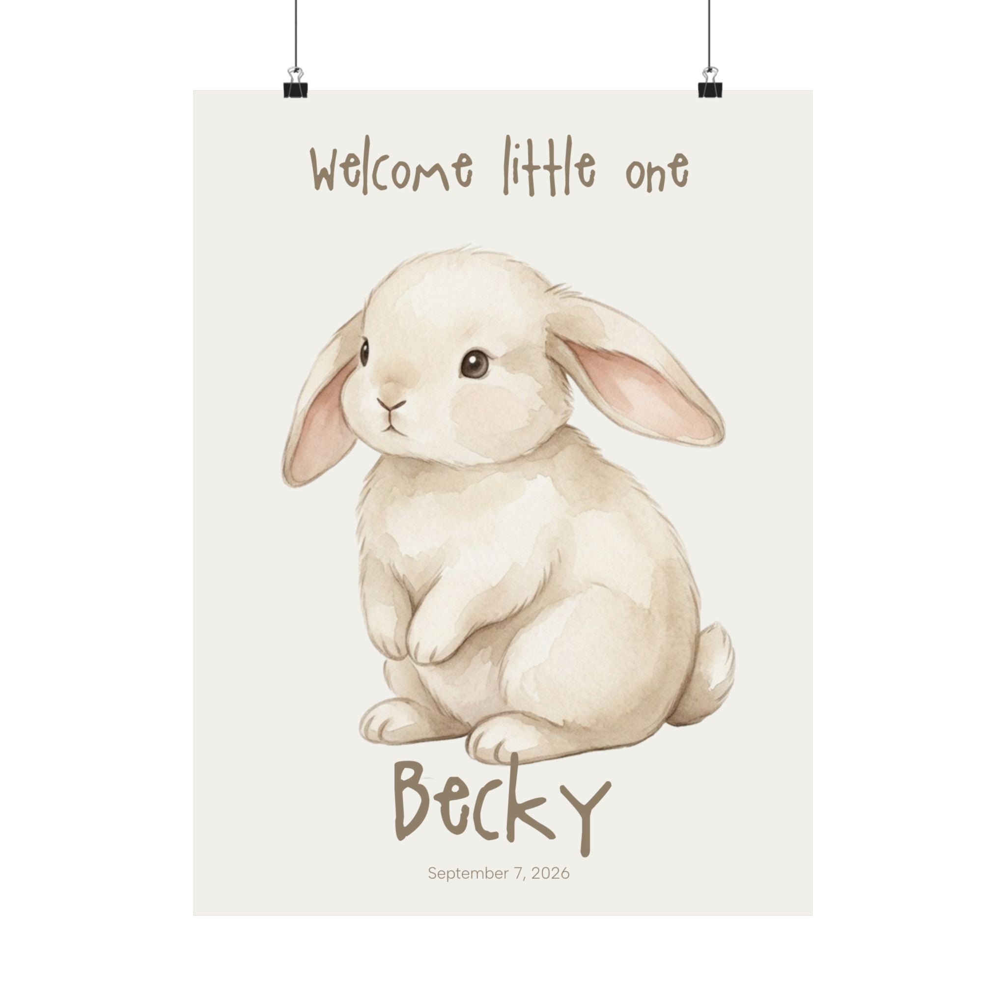 Personalized watercolor bunny nursery poster with custom baby name and birth date