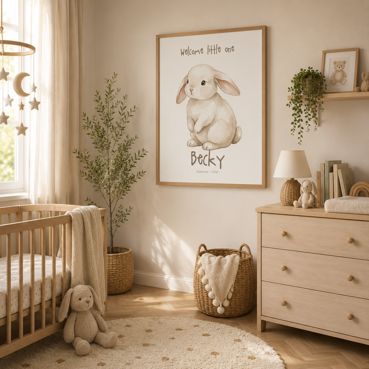 Soft cream bunny baby name poster displayed in nursery room setting