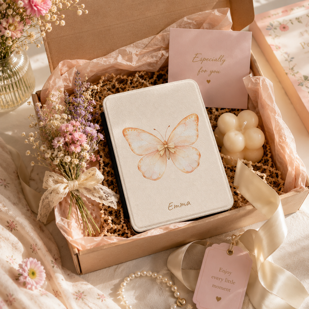 Personalized butterfly kindle case styled as a wrapped gift