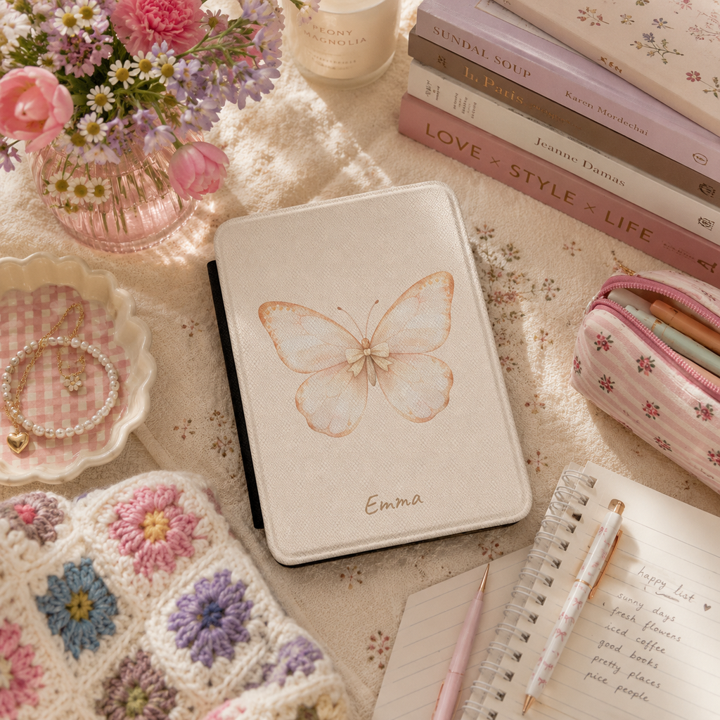 Personalized butterfly kindle case shown in a lifestyle setting