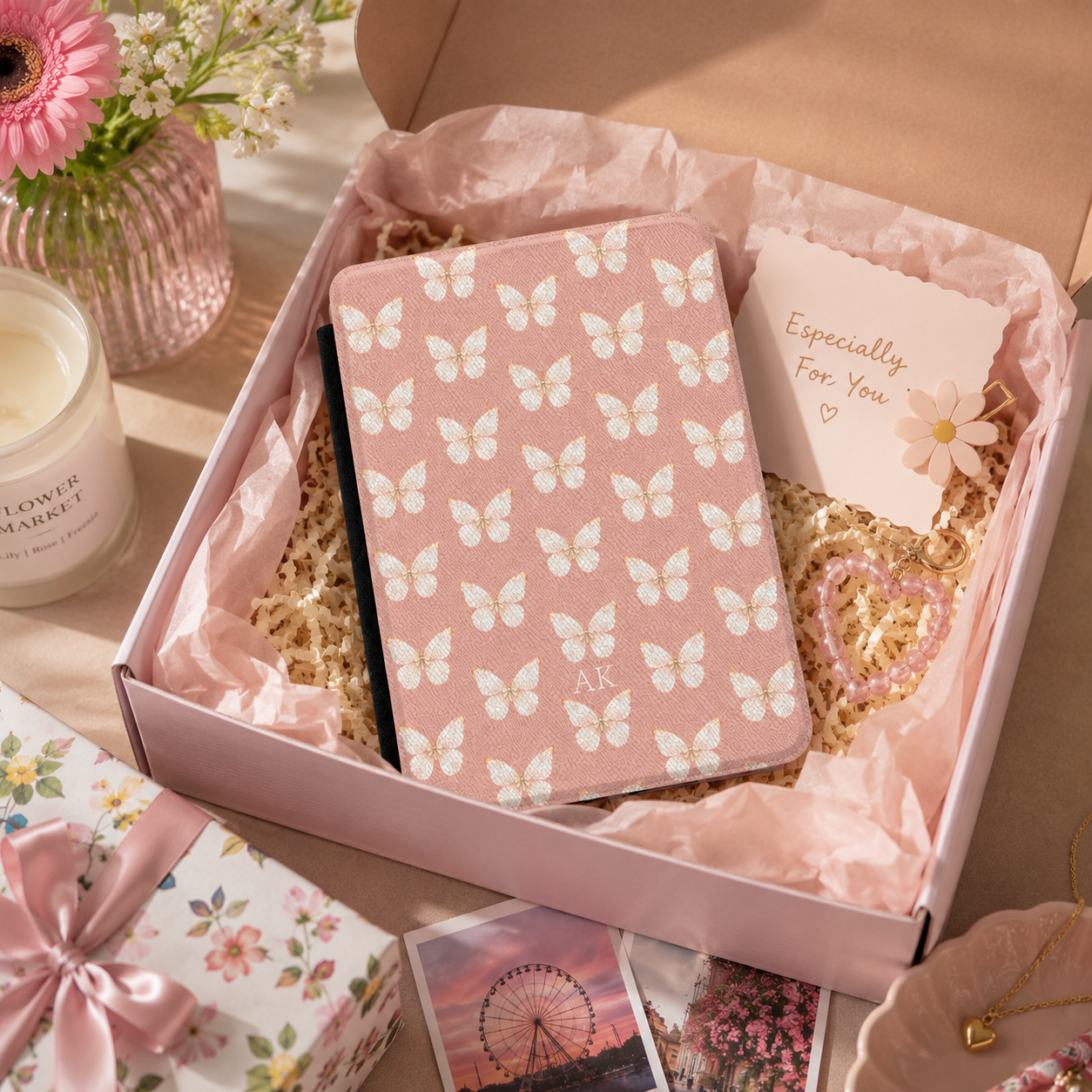 Personalized butterfly kindle case styled as a wrapped gift
