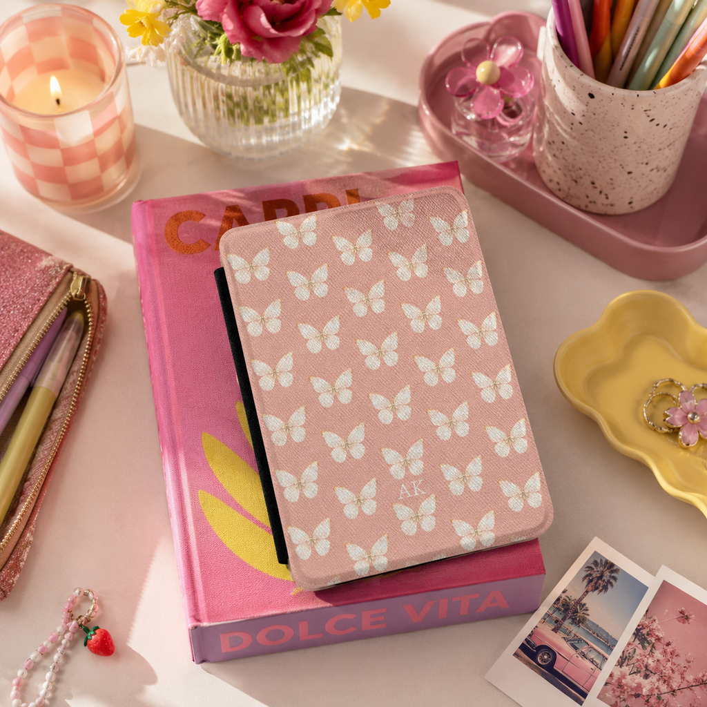 Personalized butterfly kindle case shown in a lifestyle setting