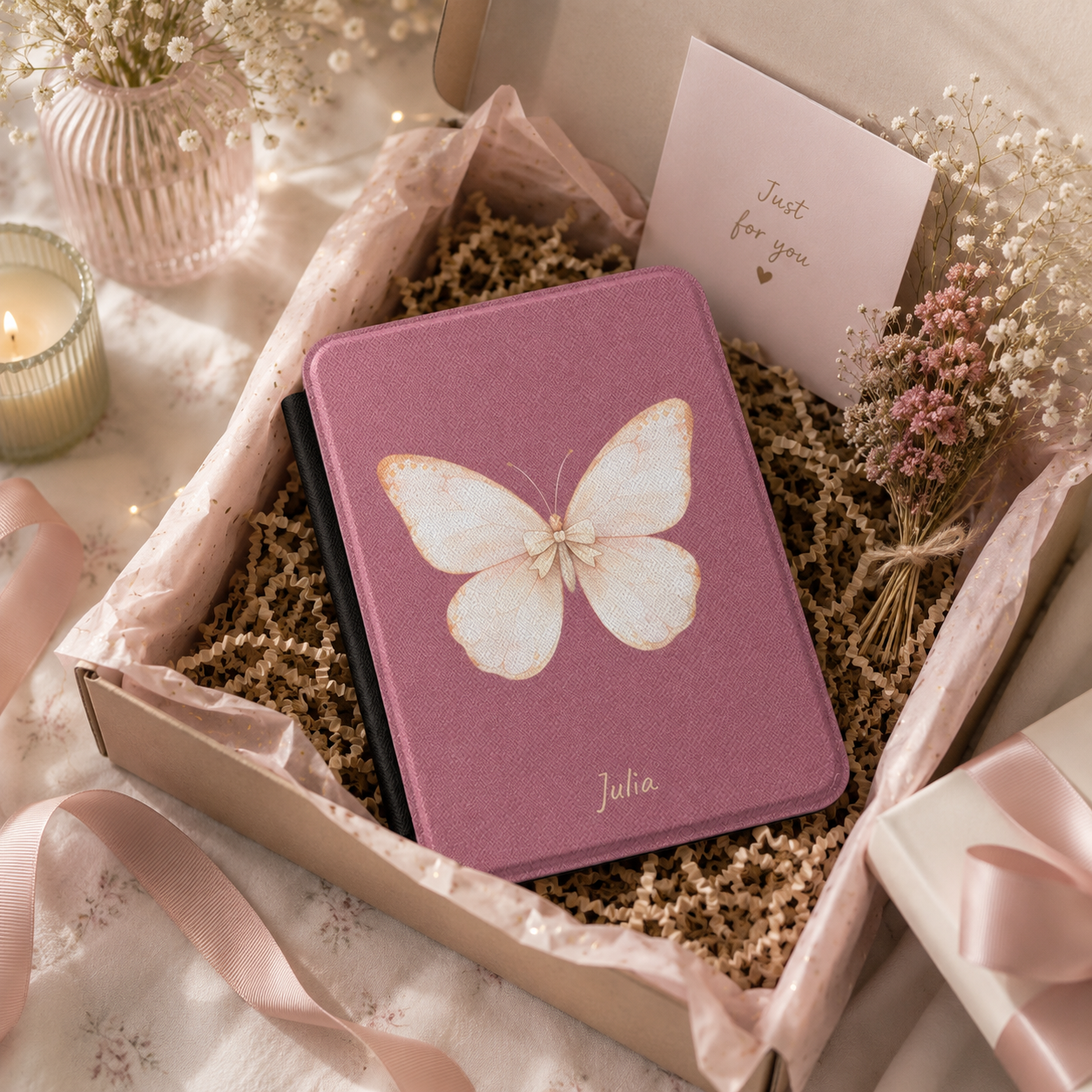 Personalized butterfly kindle case styled as a wrapped gift