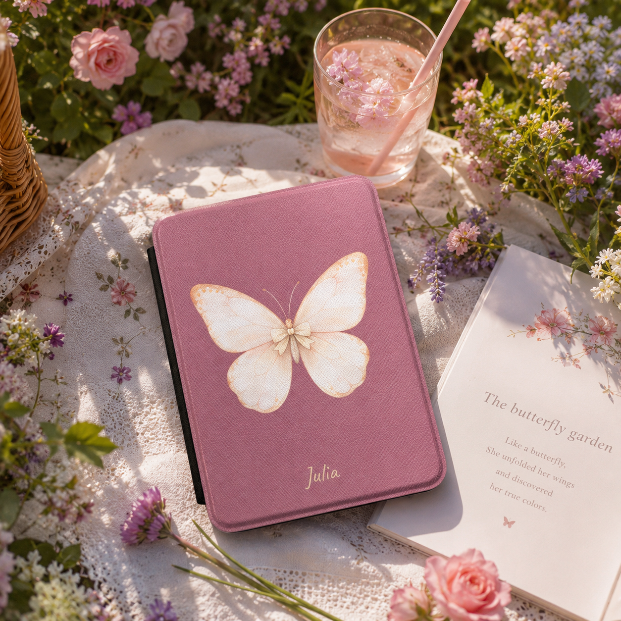 Personalized butterfly kindle case shown in a lifestyle setting