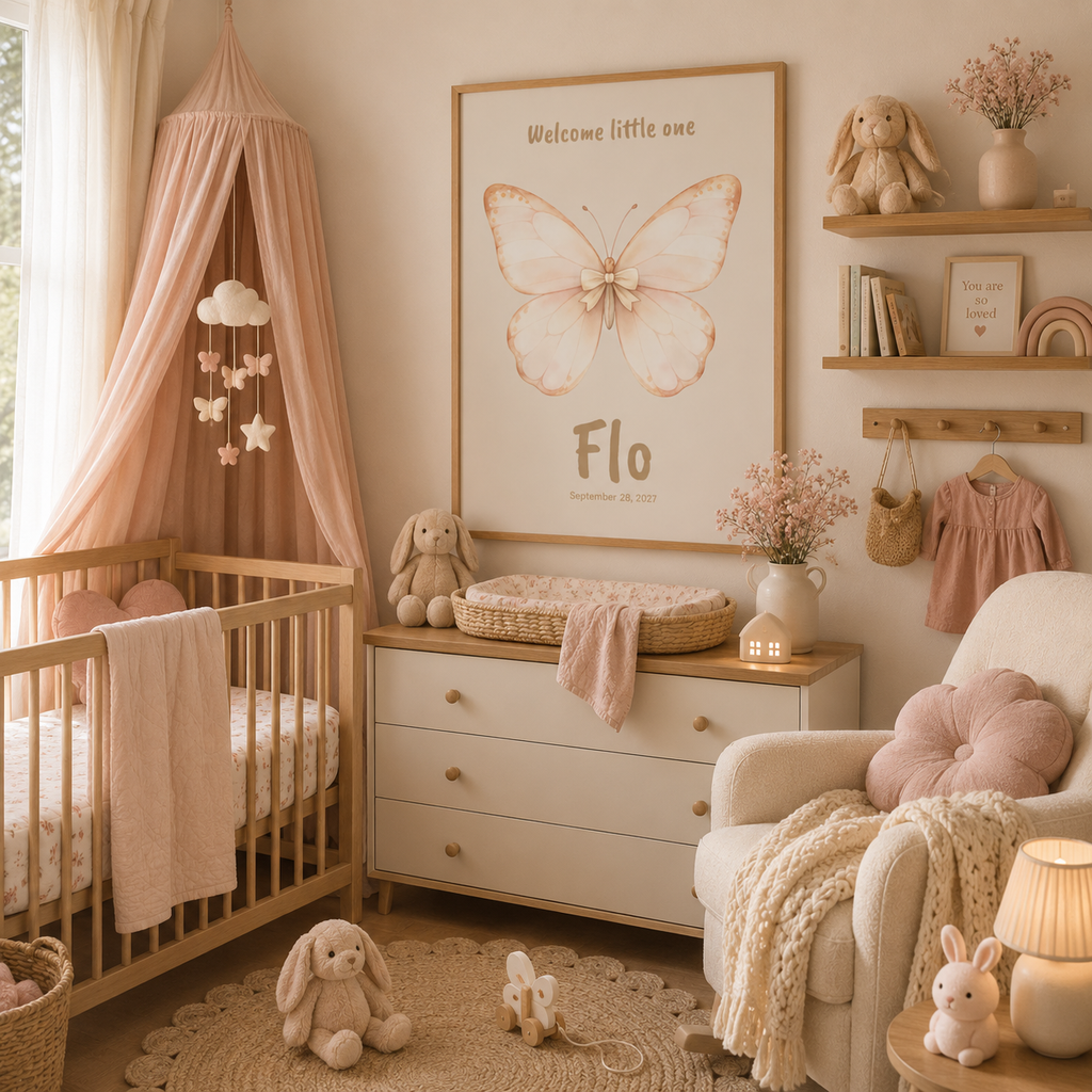 Watercolor butterfly baby name poster in nursery room setting