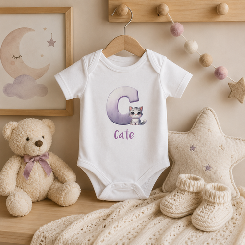 Initial C bodysuit with cat and name in script – flat lay