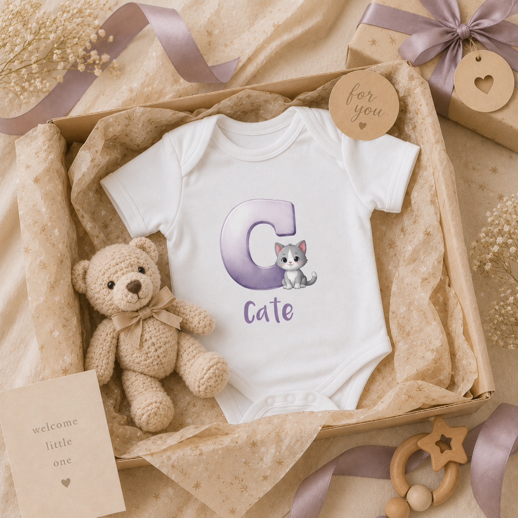 Close-up of C initial and cat design on baby onesie