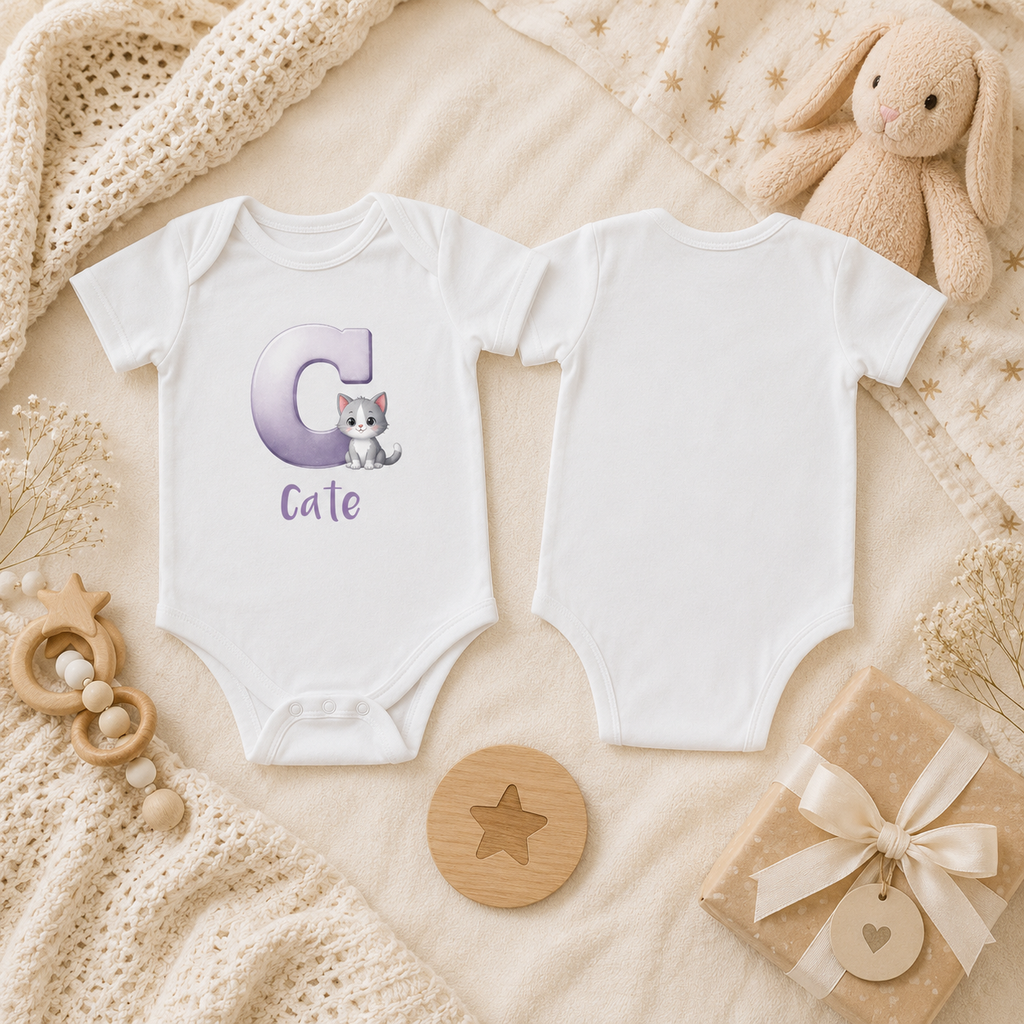 Personalized C onesie with cat – lifestyle photo