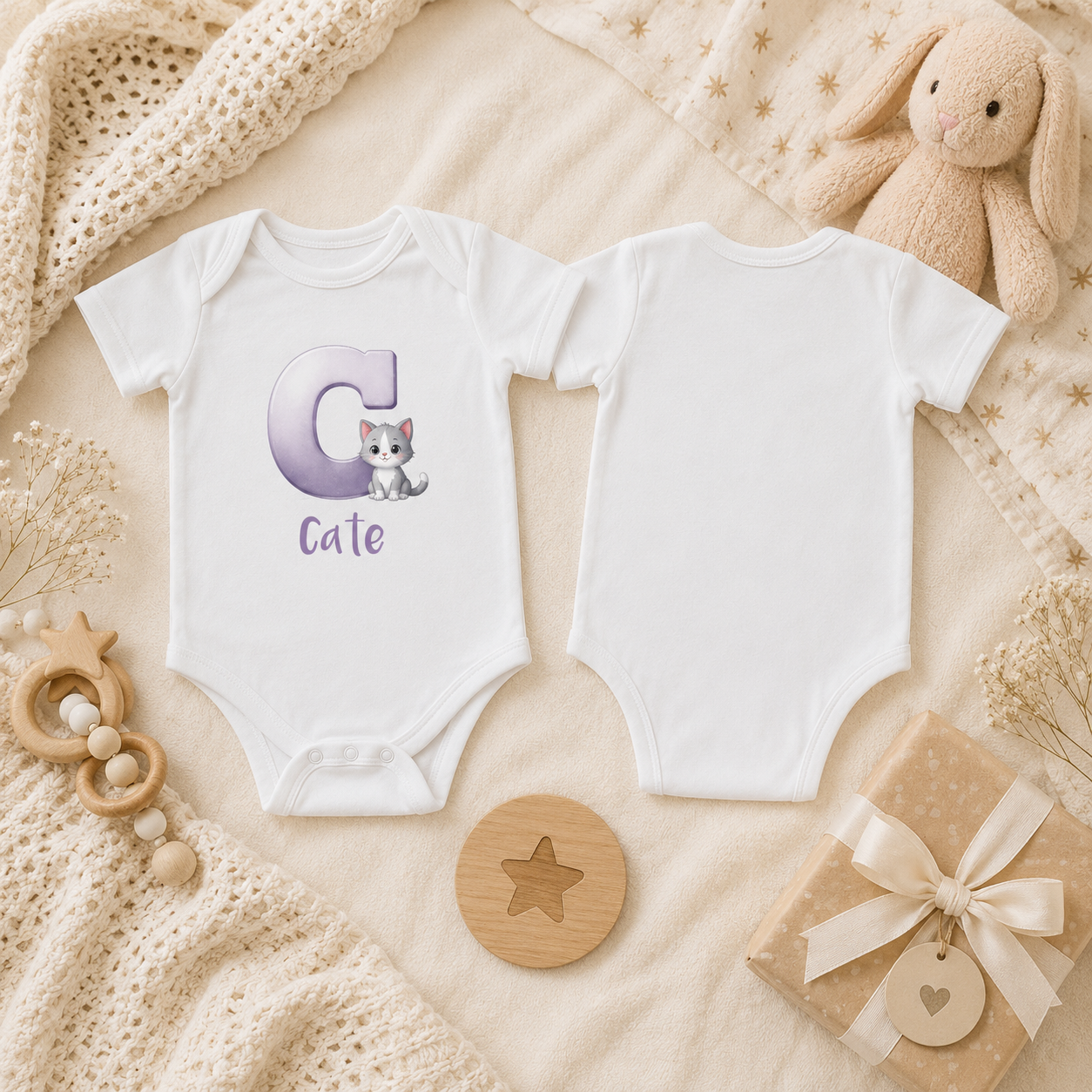 Personalized C onesie with cat – lifestyle photo