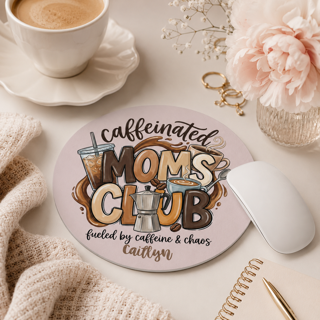 Personalized caffeinated moms club mouse pad styled on a home office desk