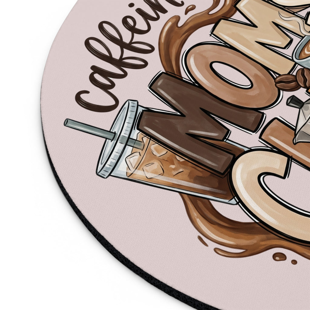 Underside of personalized caffeinated moms club mouse pad showing non-slip rubber base