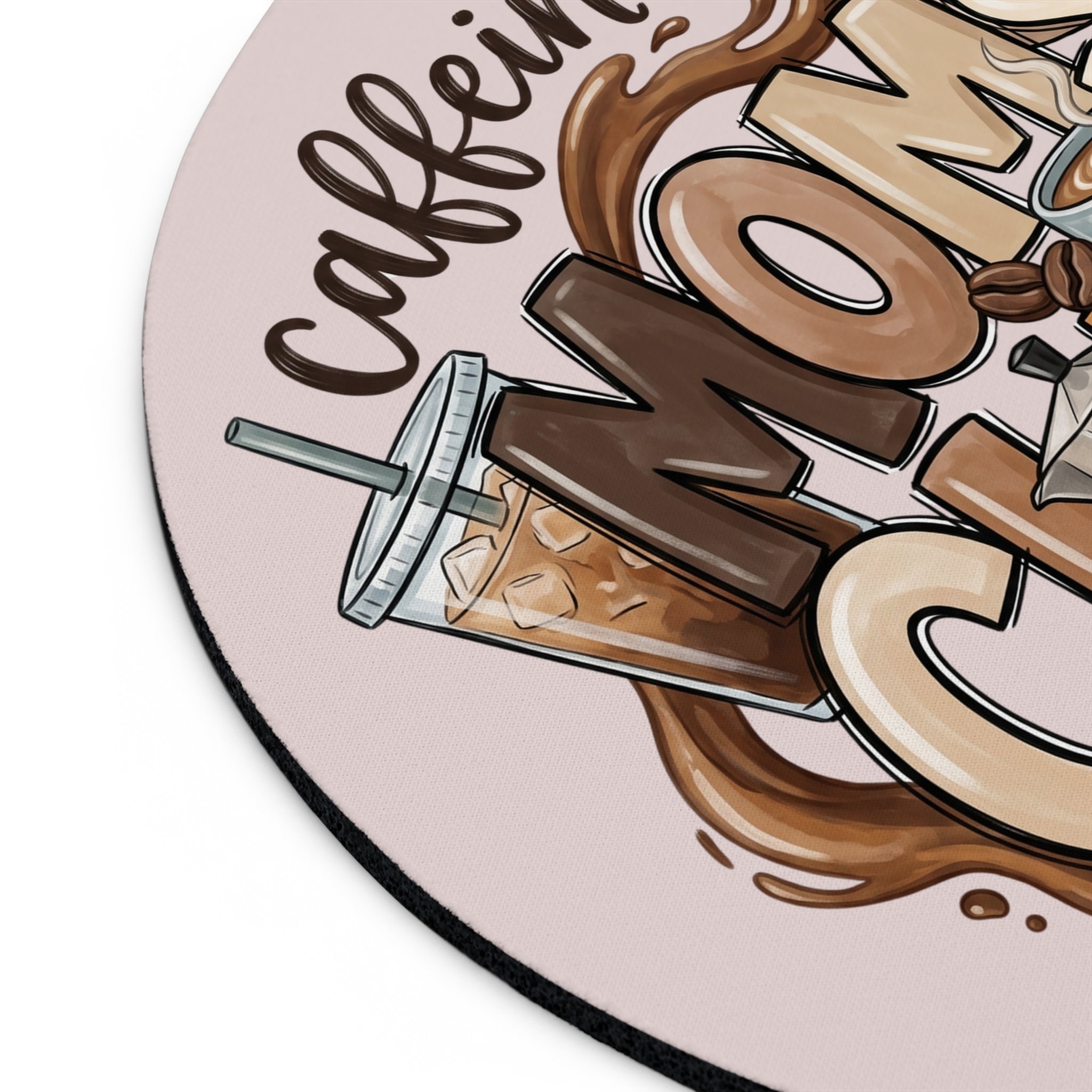 Underside of personalized caffeinated moms club mouse pad showing non-slip rubber base