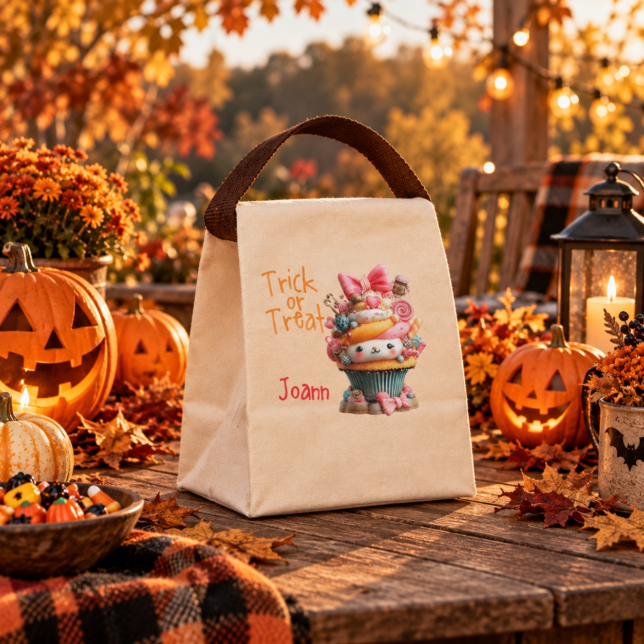 Back view of the trick or treat candy cupcake canvas lunch bag showing the brown strap handle