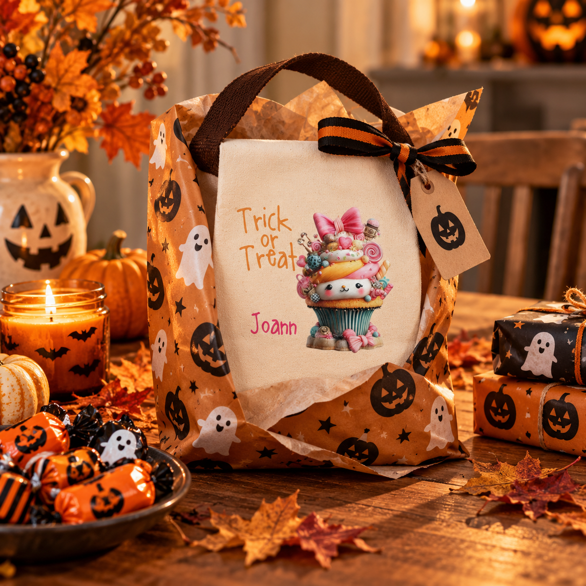 Trick or treat candy cupcake canvas lunch bag shown as a Halloween gift, personalized with custom name