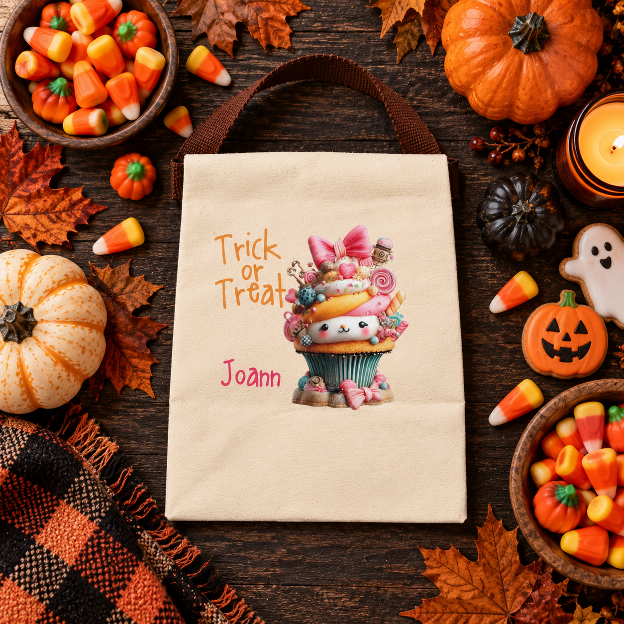 Open view of the trick or treat candy cupcake canvas lunch bag showing the roomy roll-top interior