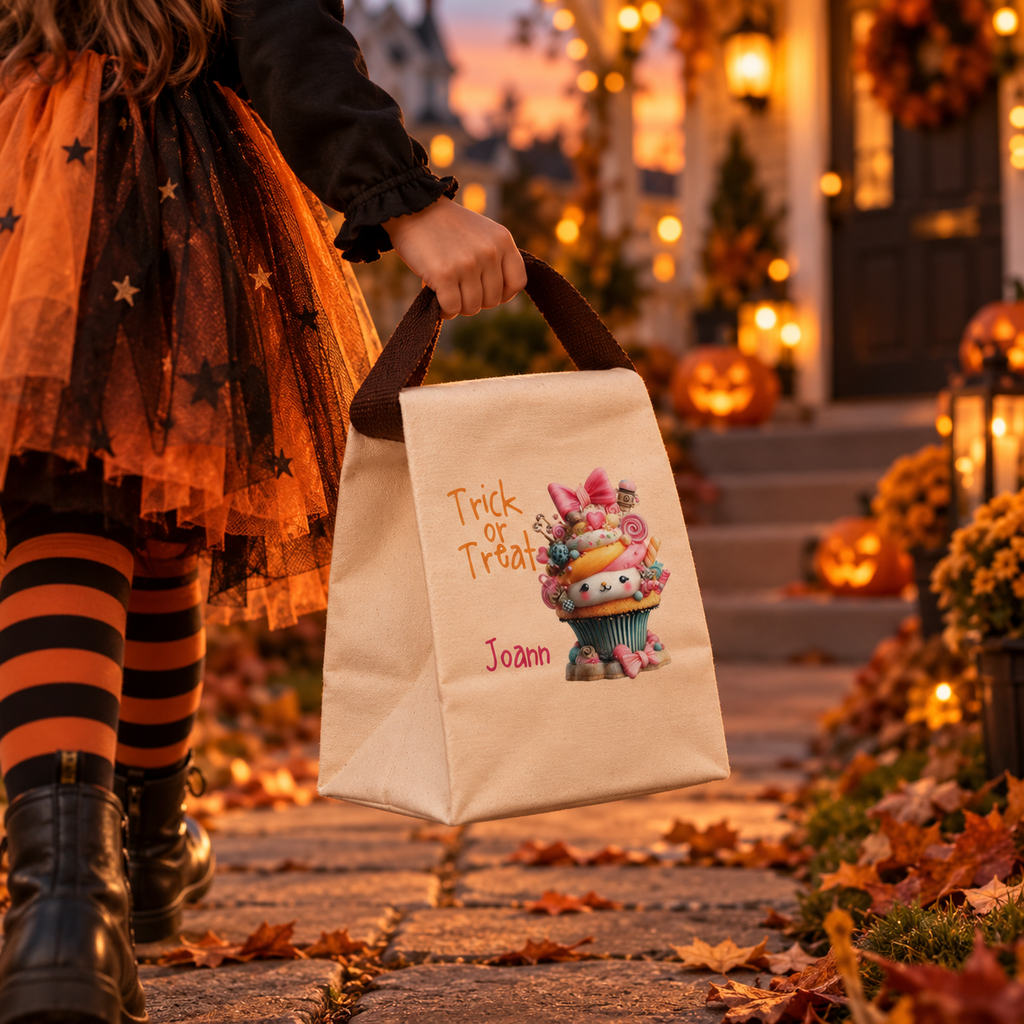 Trick or treat candy cupcake canvas lunch bag styled for a fall lunch, personalized with custom name