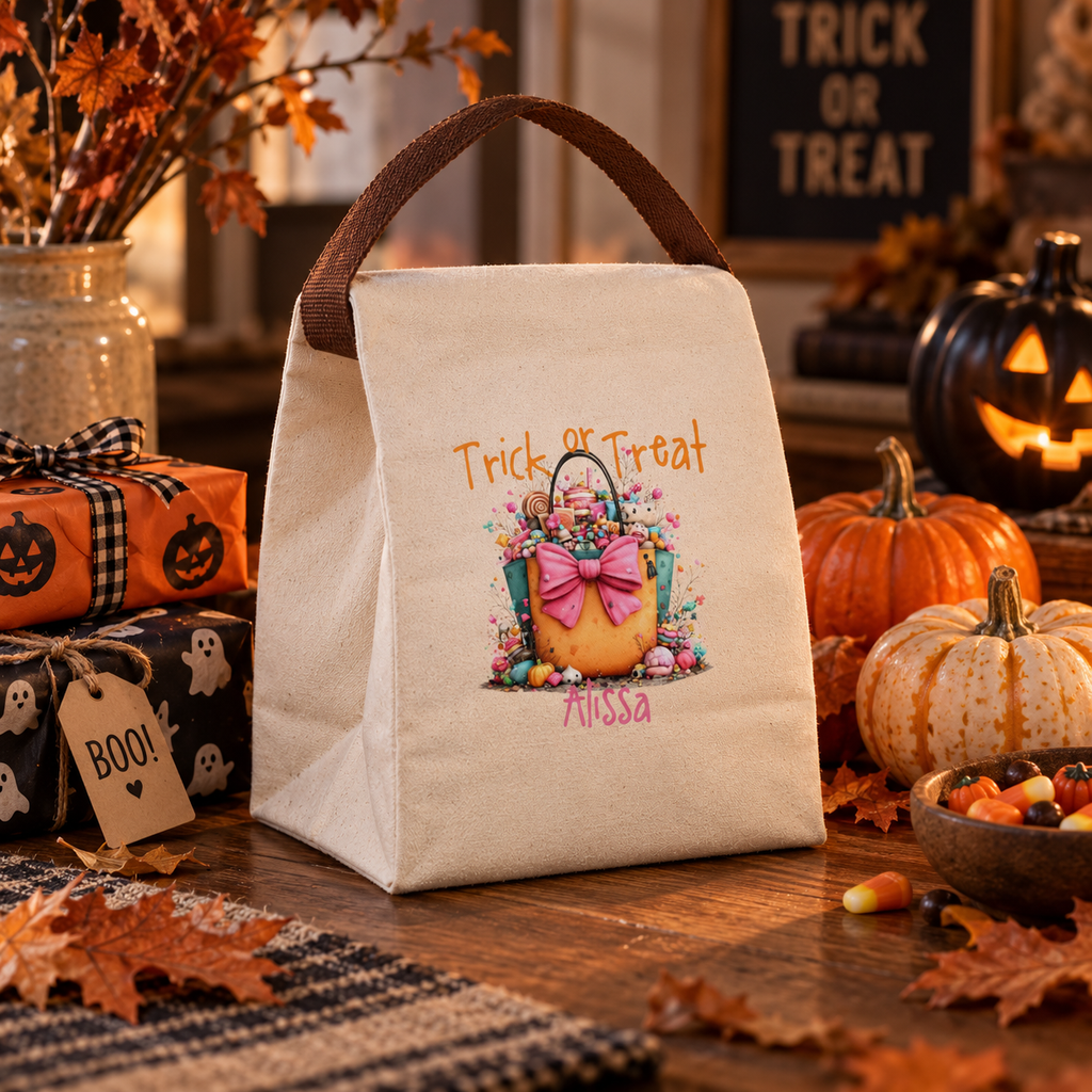 Back view of the trick or treat candy tote canvas lunch bag showing the brown strap handle