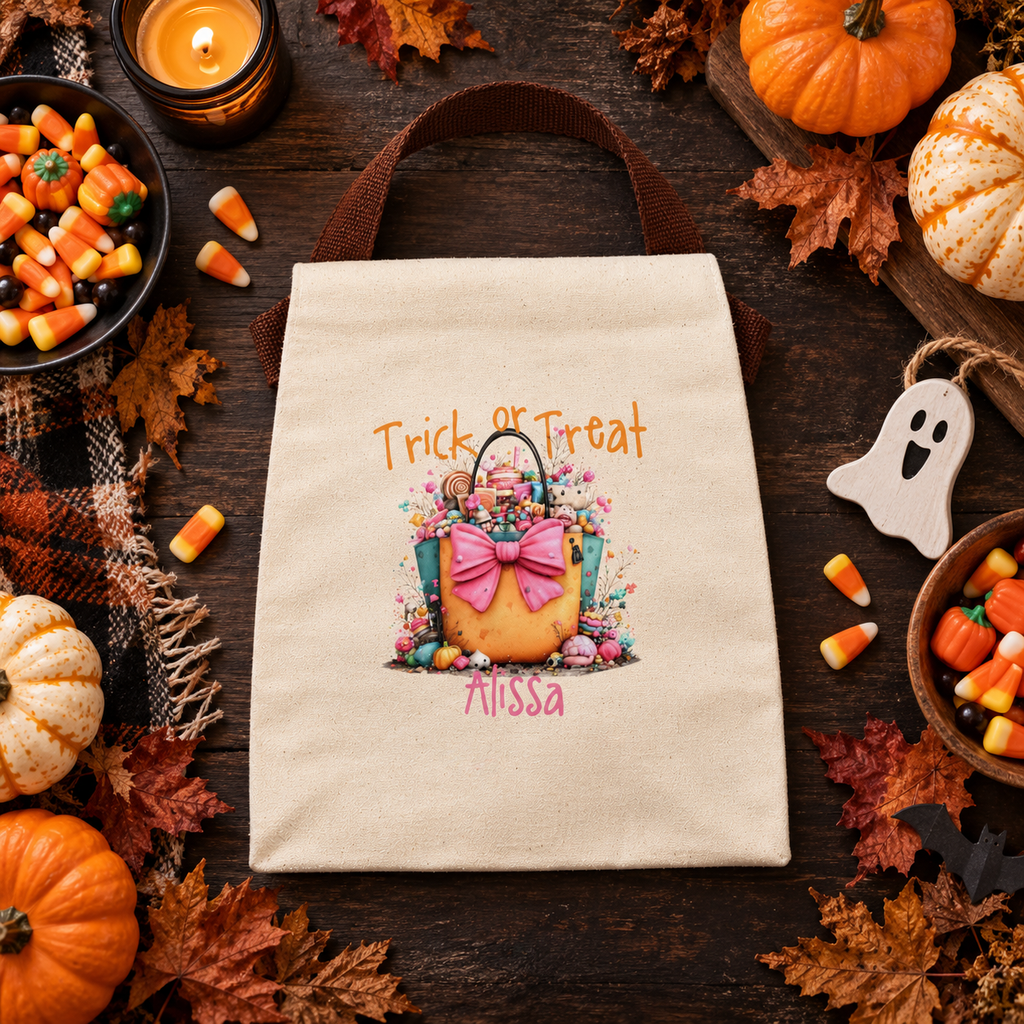 Trick or treat candy tote canvas lunch bag shown as a Halloween gift, personalized with custom name