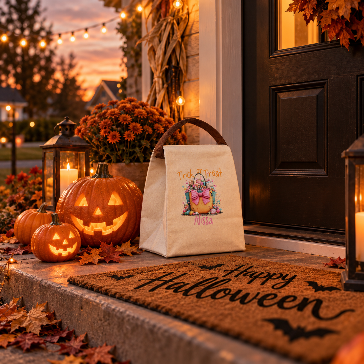 Open view of the trick or treat candy tote canvas lunch bag showing the roomy roll-top interior