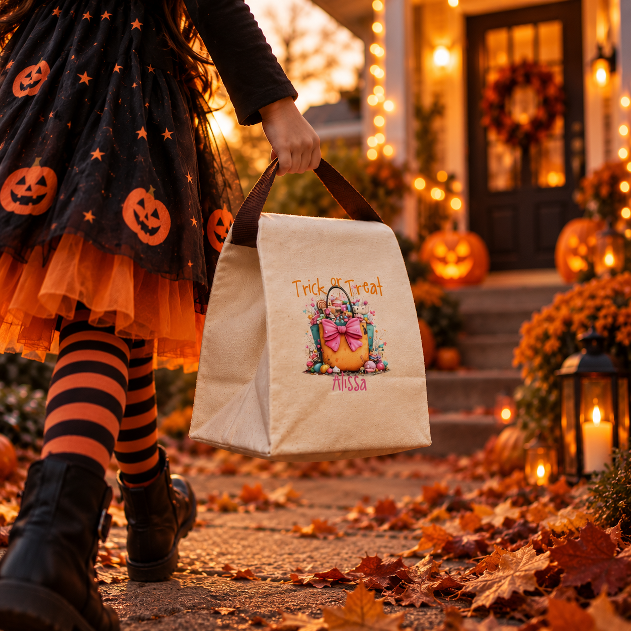 Trick or treat candy tote canvas lunch bag styled for a fall lunch, personalized with custom name