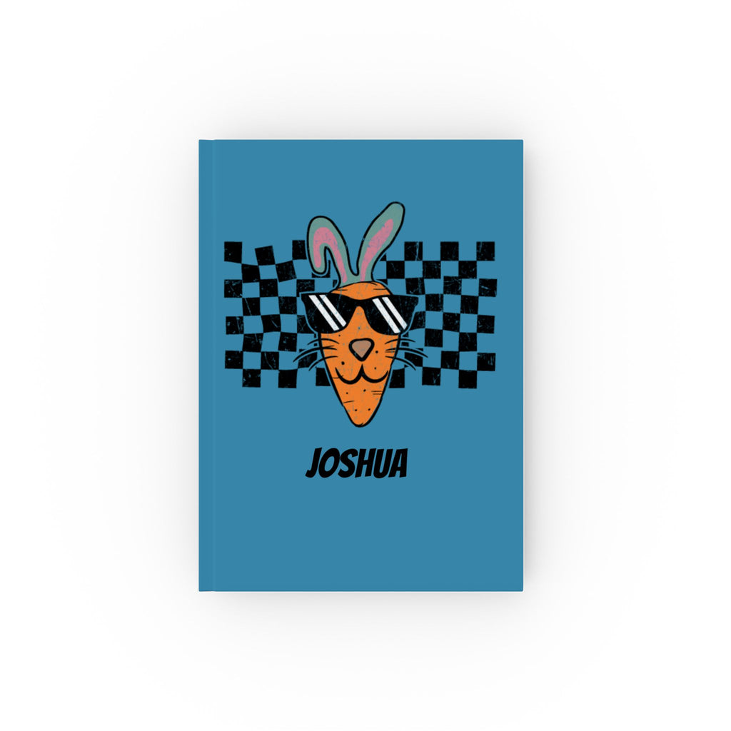 Personalized Cool Carrot Bunny journal blue – teal blue hardcover with retro Easter design and name Joshua
