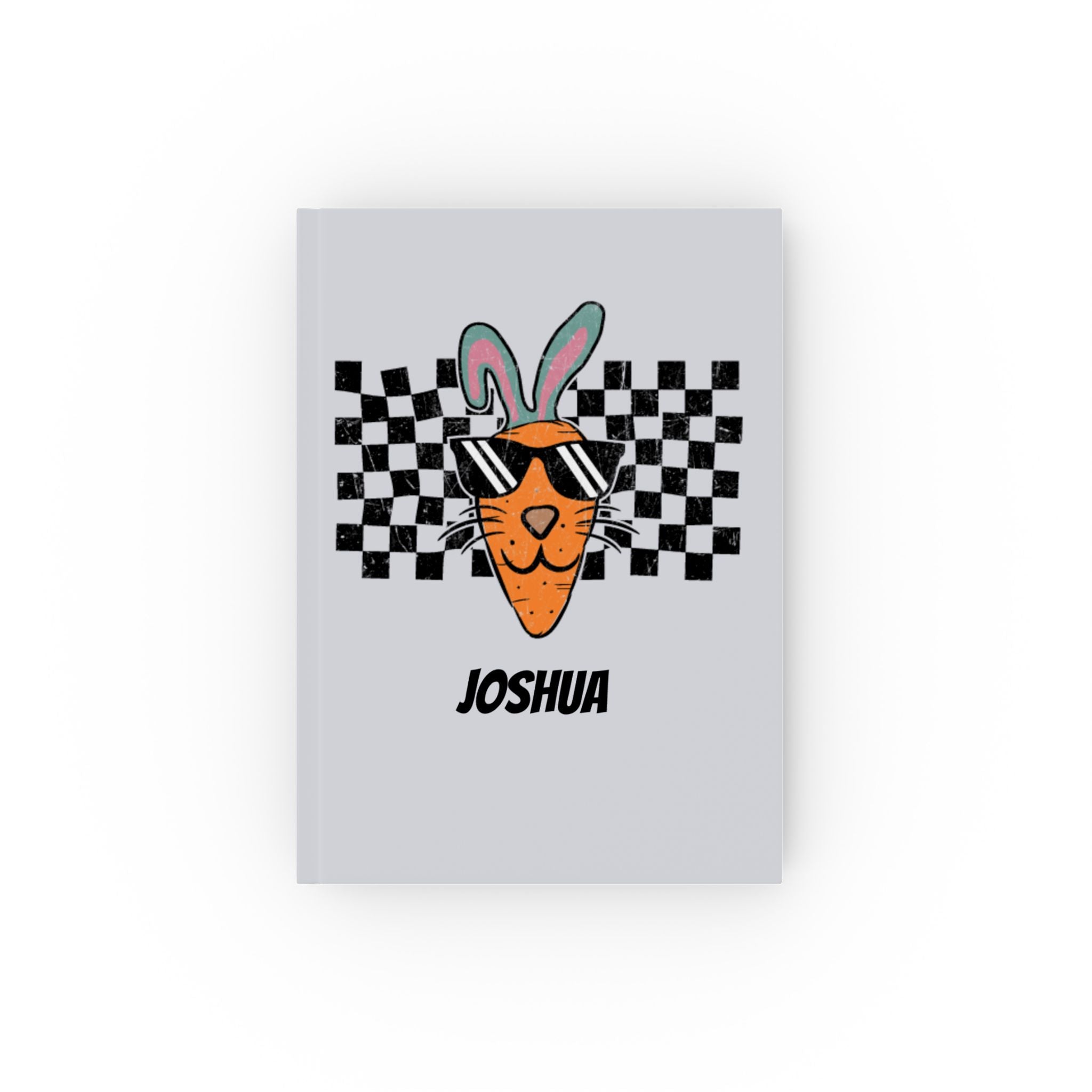 Personalized Cool Carrot Bunny journal grey – grey hardcover with retro Easter bunny design and name Joshua