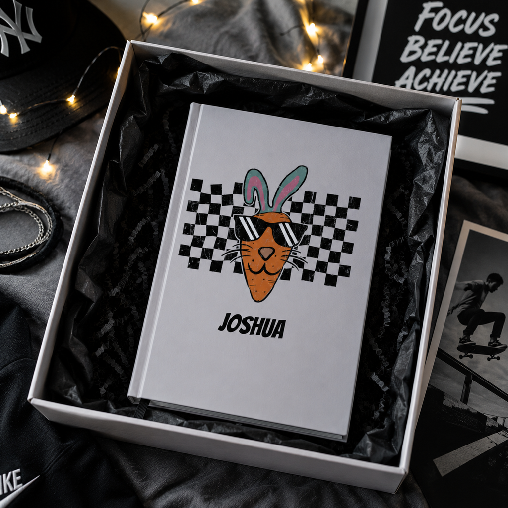 Personalized Easter journal lifestyle – grey Cool Carrot Bunny notebook on desk