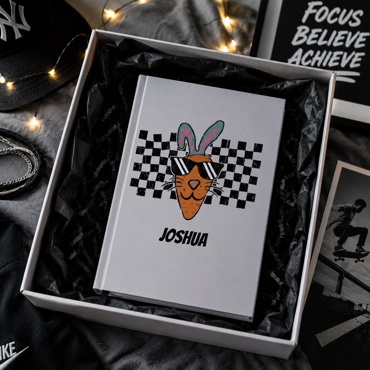 Personalized Easter journal lifestyle – grey Cool Carrot Bunny notebook on desk