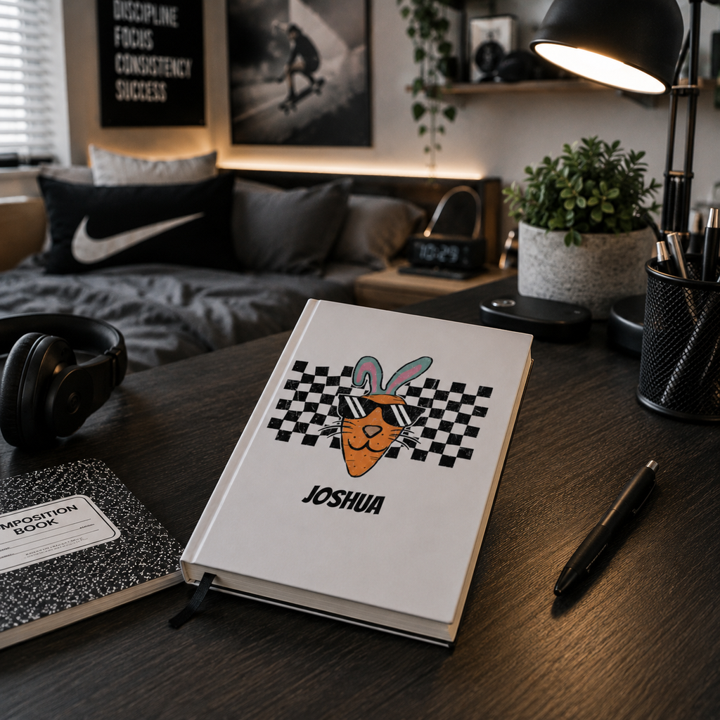Grey carrot bunny journal open flat – casewrap binding and 90gsm pages