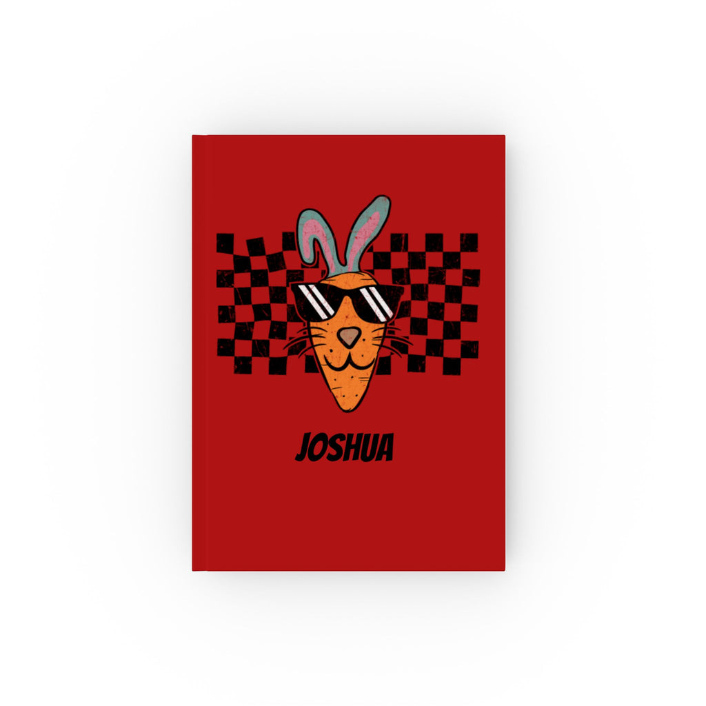 Personalized Cool Carrot Bunny journal red – bold red hardcover with retro Easter bunny design and name Joshua