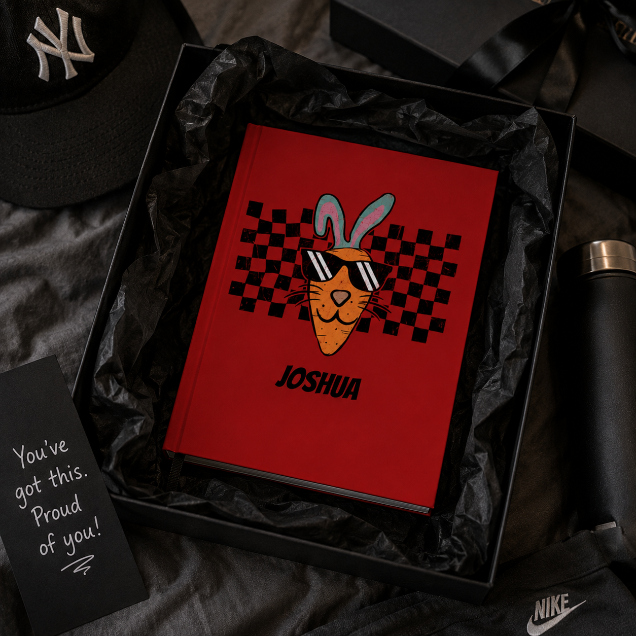 Personalized red Easter journal lifestyle – Cool Carrot Bunny notebook on desk