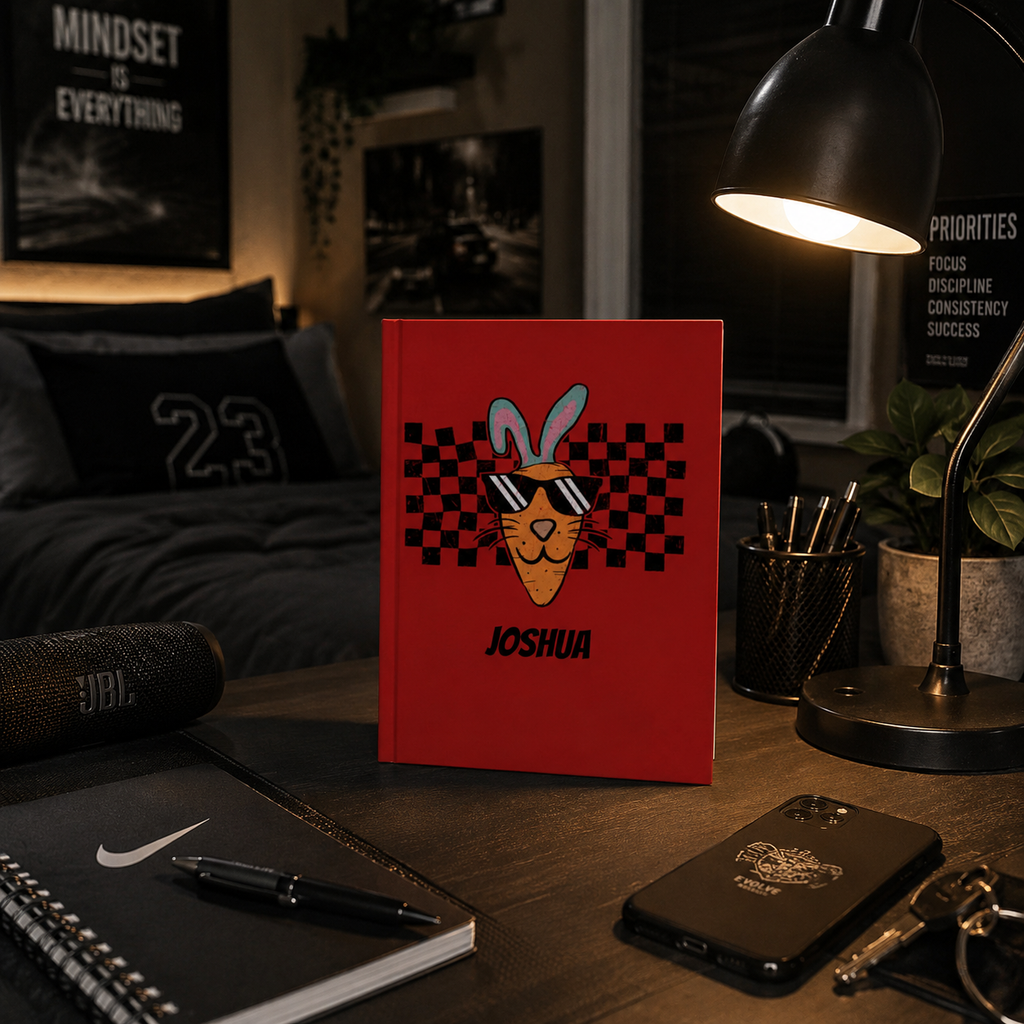 Red carrot bunny journal open flat – casewrap binding and 90gsm pages