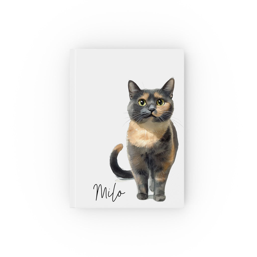 Personalized cat journal – white hardcover with watercolor tortoiseshell cat portrait and name Milo
