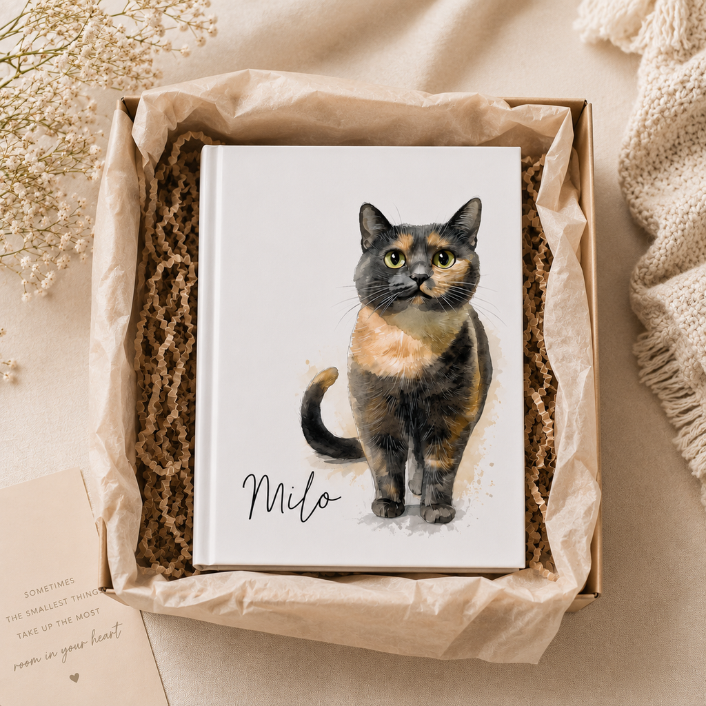 Personalized cat lover journal lifestyle – tortoiseshell cat notebook on desk with pen