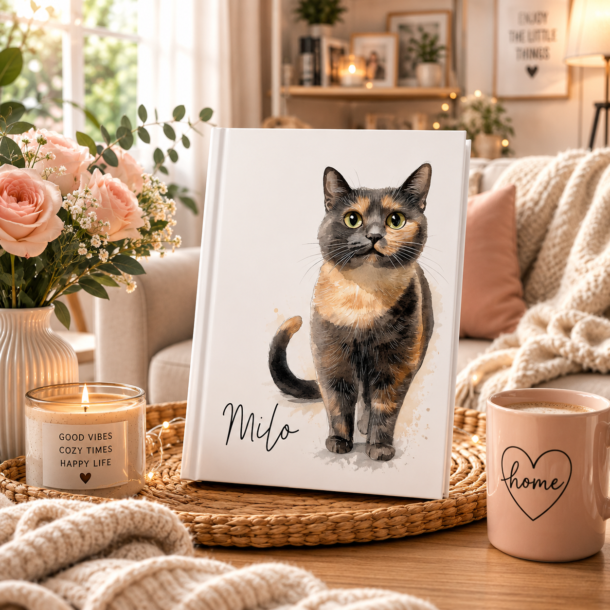 Tortoiseshell cat journal open flat – casewrap binding and quality 90gsm pages