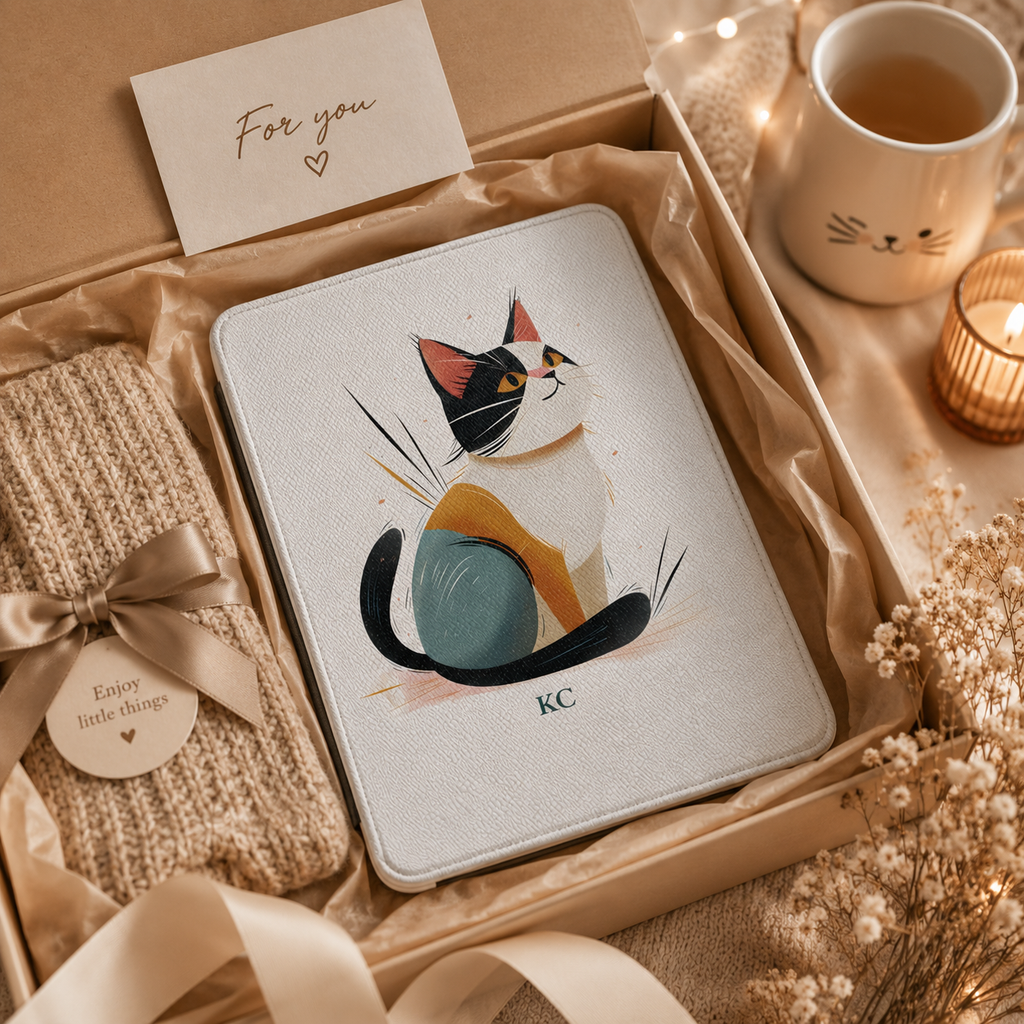 Personalized calico cat kindle case styled as a wrapped gift