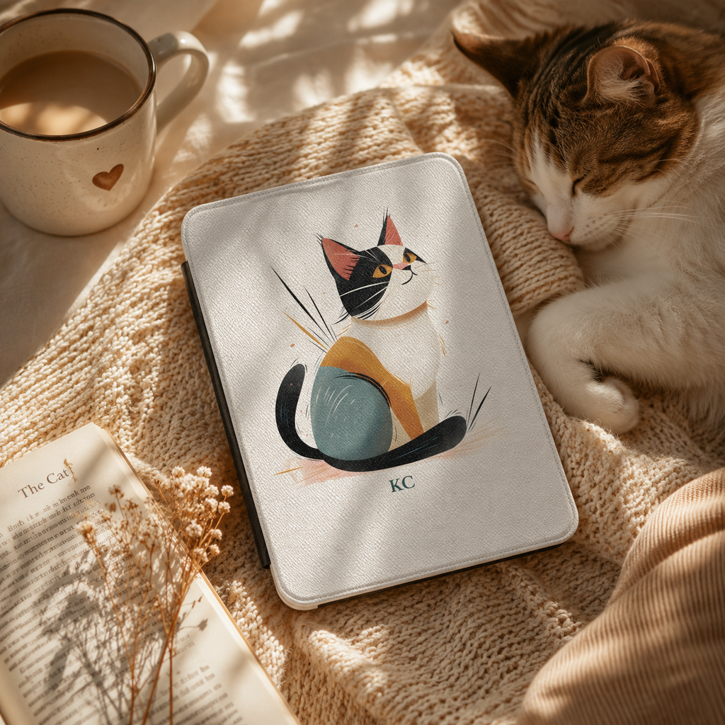 Personalized calico cat kindle case shown in a lifestyle setting